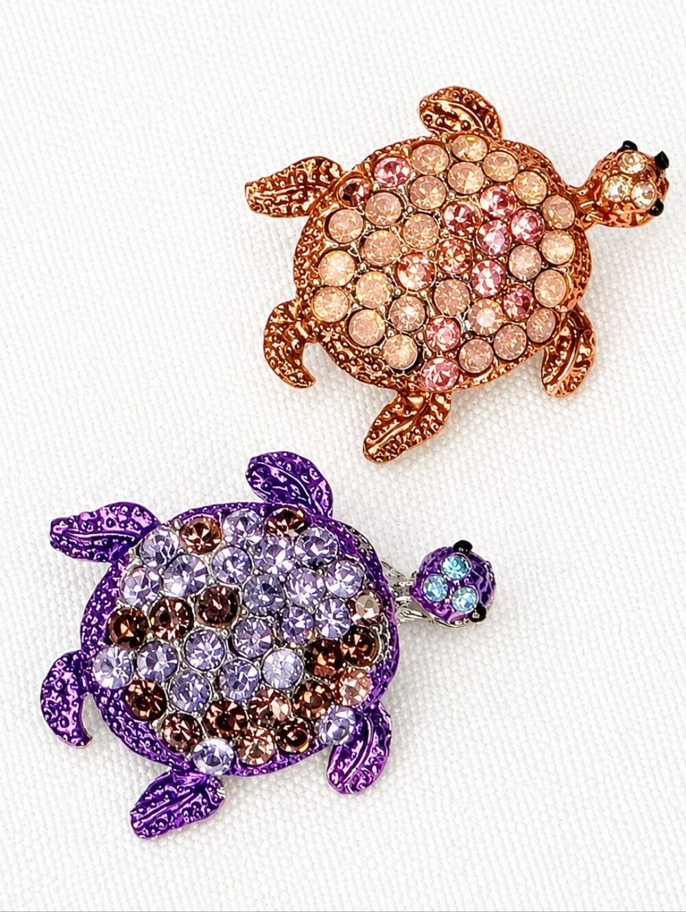 🐢Set of 2 Sea Turtle Rhinestone Brooch Pins Pink Purple Ocean Coastal Gift